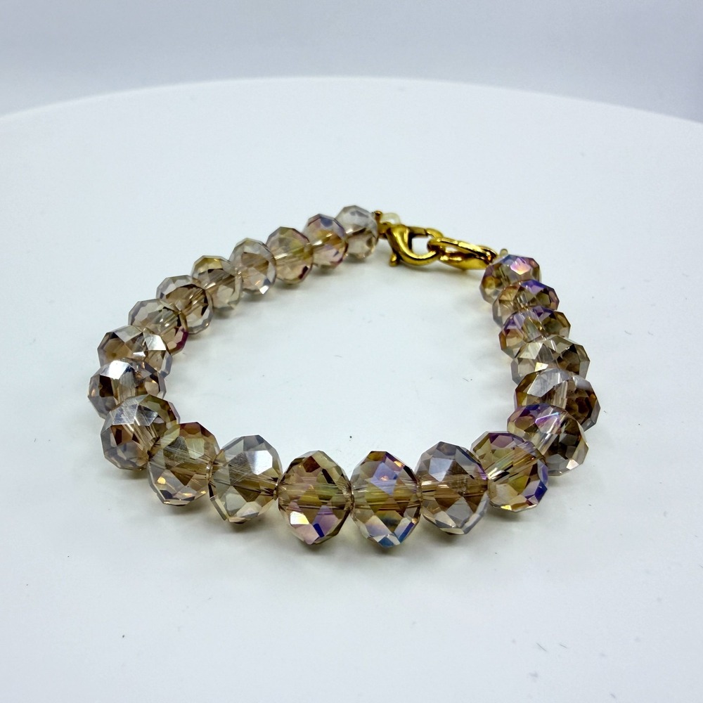 VTG Champagne Crystal Beads Aurora Borealis Iridescent Gold Tone Clasp Bracelet